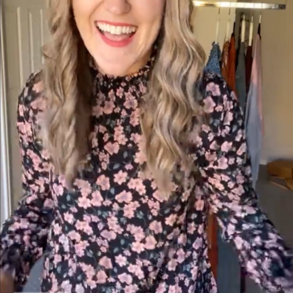 Smocked neck floral long sleeve top